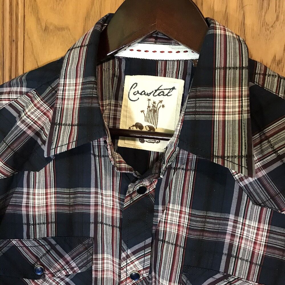 Coastal Pearl Snap Western Wear Men's L Navy Blue Plaid Long Sleeve Cowboy Shirt